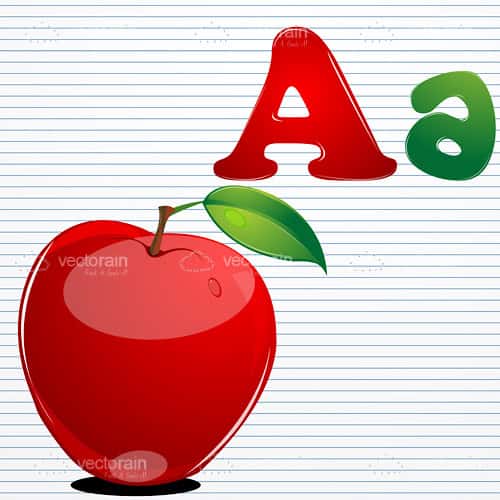 Red Apple with Letter A’s on Notebook Page Background